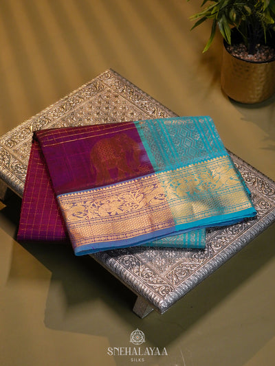 Magenta Zari Checks Silk Cotton Saree with Elephant Motifs and Zari Border
