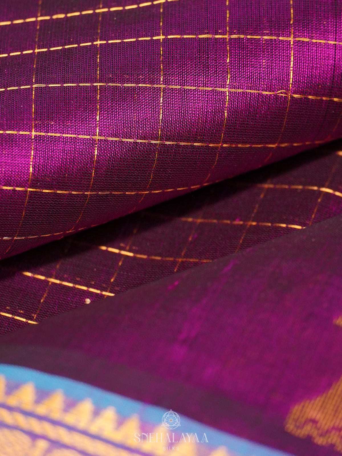 Magenta Zari Checks Silk Cotton Saree with Elephant Motifs and Zari Border