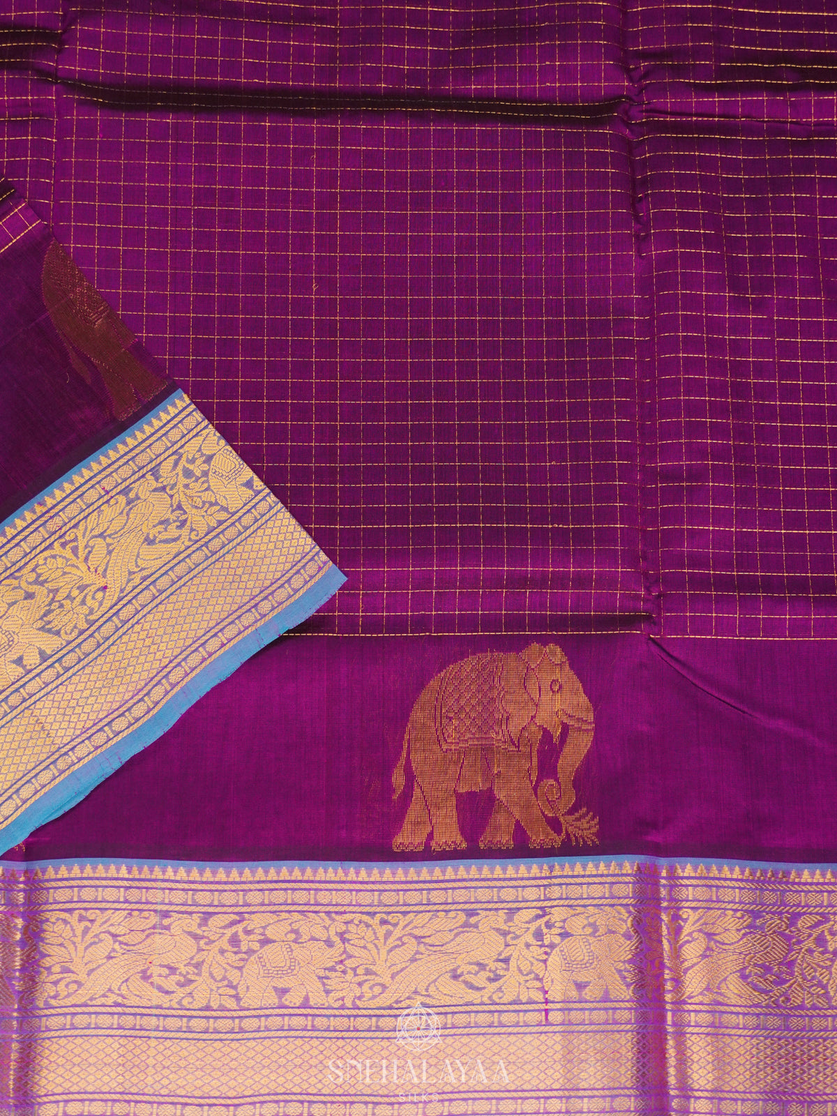 Magenta Zari Checks Silk Cotton Saree with Elephant Motifs and Zari Border