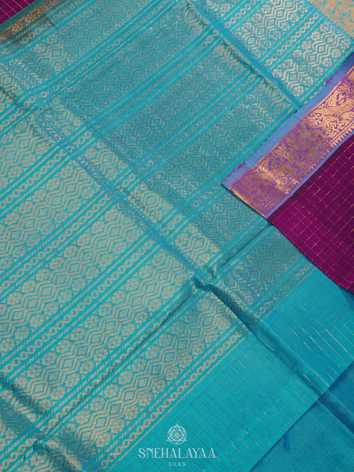 Magenta Zari Checks Silk Cotton Saree with Elephant Motifs and Zari Border