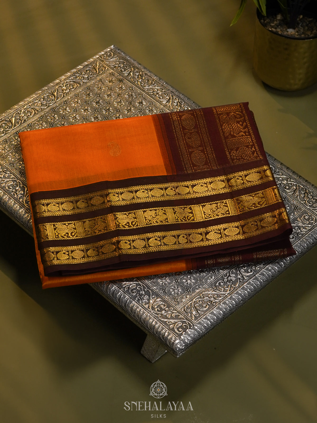 Orange Silk Cotton Saree with Zari Woven Buttas and Rich Golden Zari Border