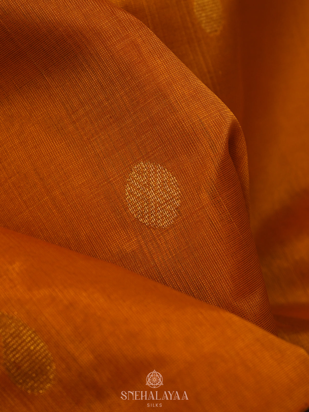 Orange Silk Cotton Saree with Zari Woven Buttas and Rich Golden Zari Border