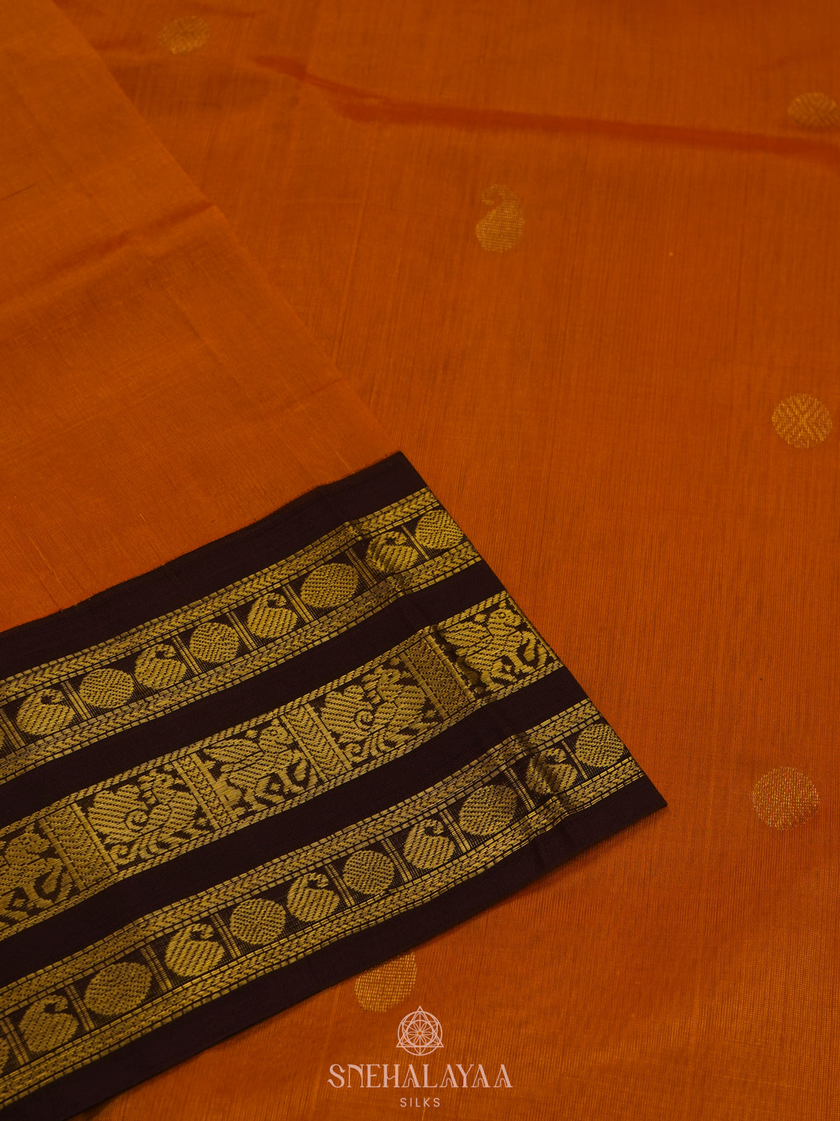 Orange Silk Cotton Saree with Zari Woven Buttas and Rich Golden Zari Border
