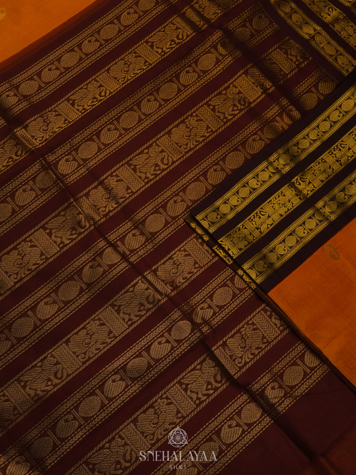Orange Silk Cotton Saree with Zari Woven Buttas and Rich Golden Zari Border