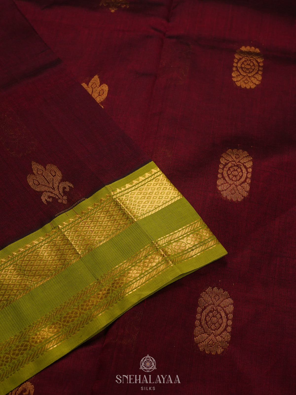 Maroon Silk Cotton Saree with Zari Woven Buttas and Rettapet Zari Border