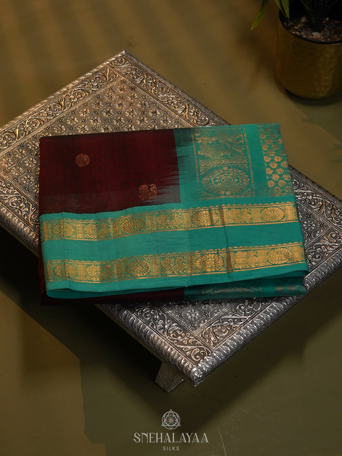Maroon Silk Cotton Saree with Zari Woven Buttas and Rettapet Zari Border
