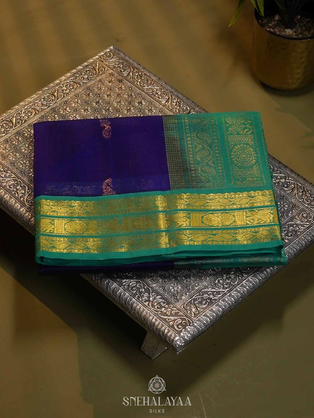 Navy Blue  Silk Cotton Saree with Zari Woven Buttas and Rich Golden Zari Border