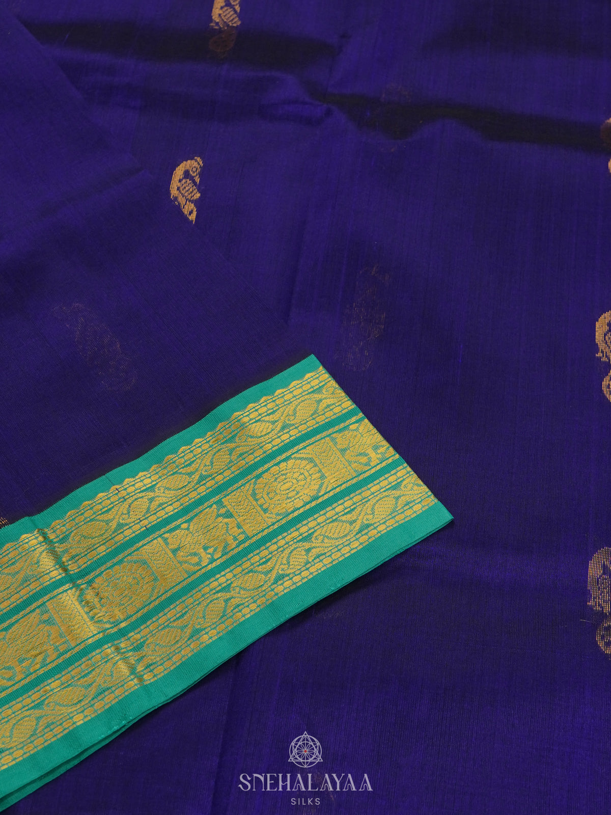 Navy Blue  Silk Cotton Saree with Zari Woven Buttas and Rich Golden Zari Border