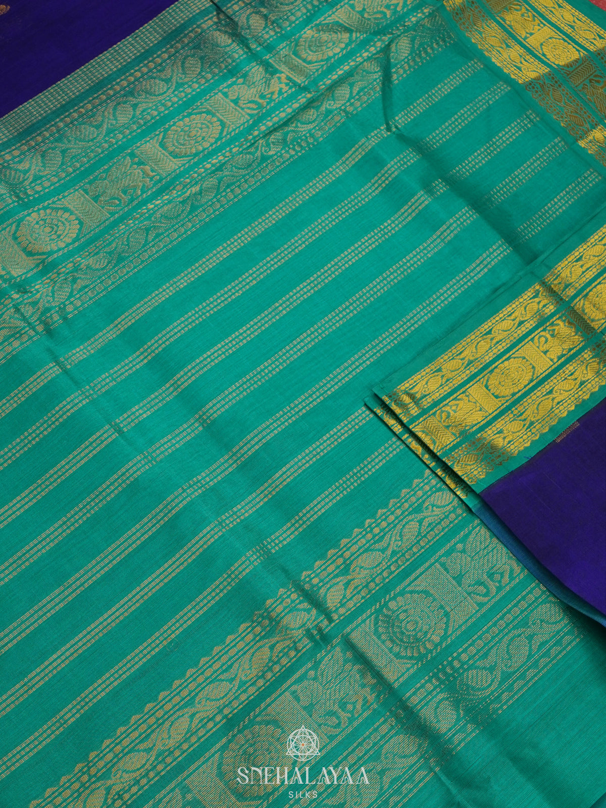 Navy Blue  Silk Cotton Saree with Zari Woven Buttas and Rich Golden Zari Border