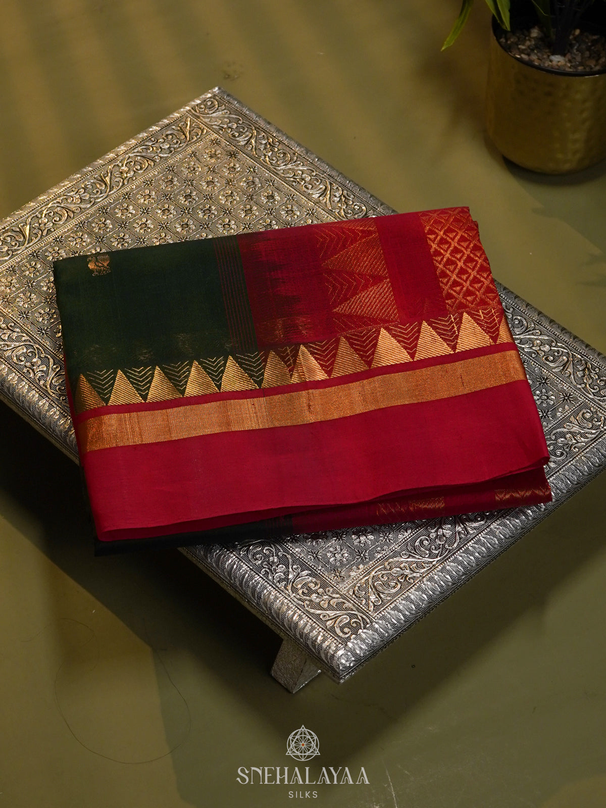 Forest Green Silk Cotton Saree with Zari Woven Buttas and Temple Border