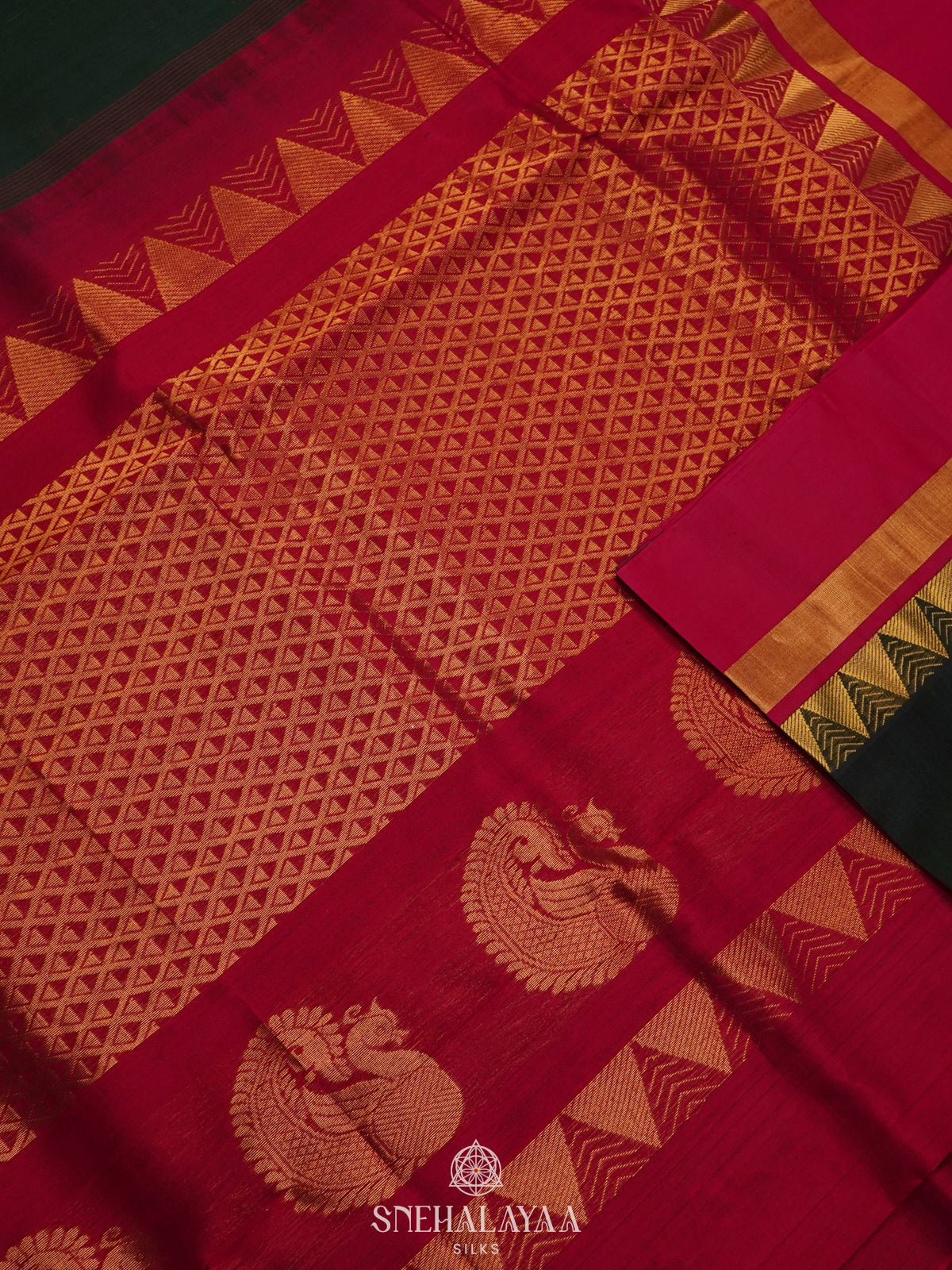 Forest Green Silk Cotton Saree with Zari Woven Buttas and Temple Border