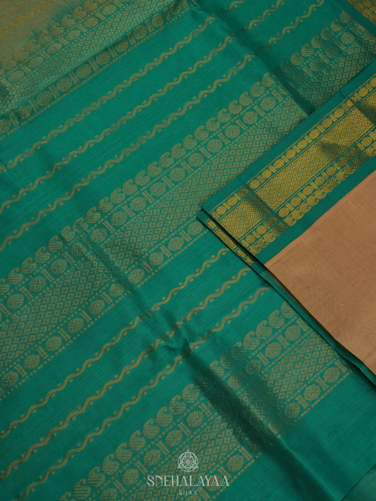 Cream Silk Cotton Saree with Zari Woven Buttas and Rich Golden Zari Border