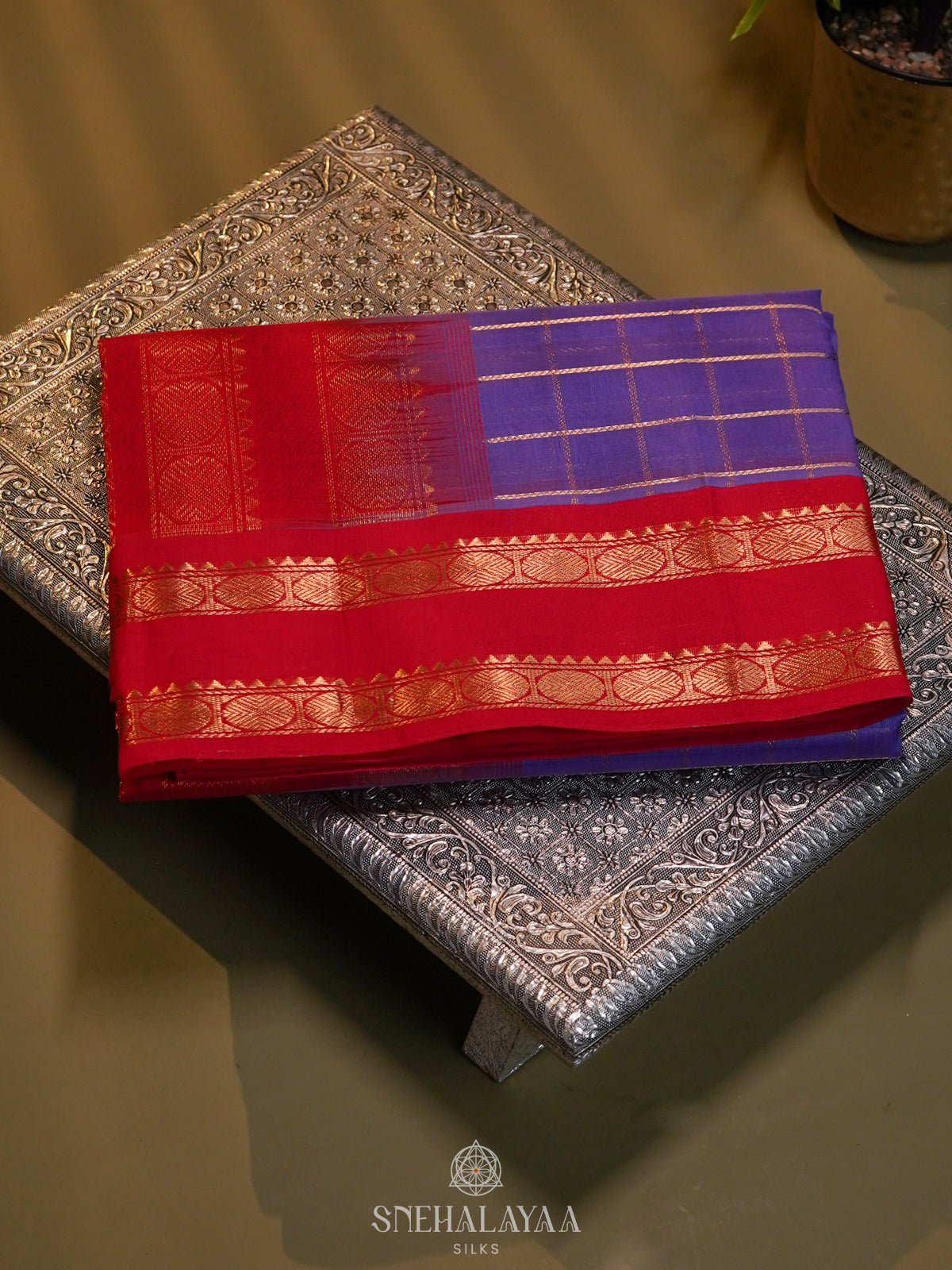 Violet Checked Silk Cotton Saree with Rettapet Zari Border