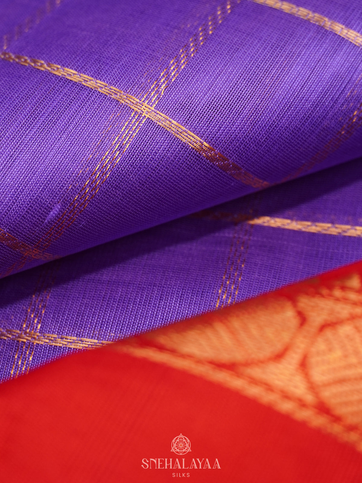 Violet Checked Silk Cotton Saree with Rettapet Zari Border