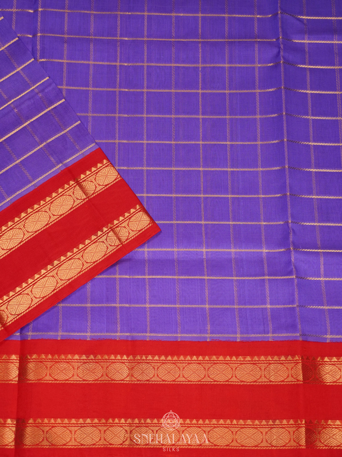 Violet Checked Silk Cotton Saree with Rettapet Zari Border