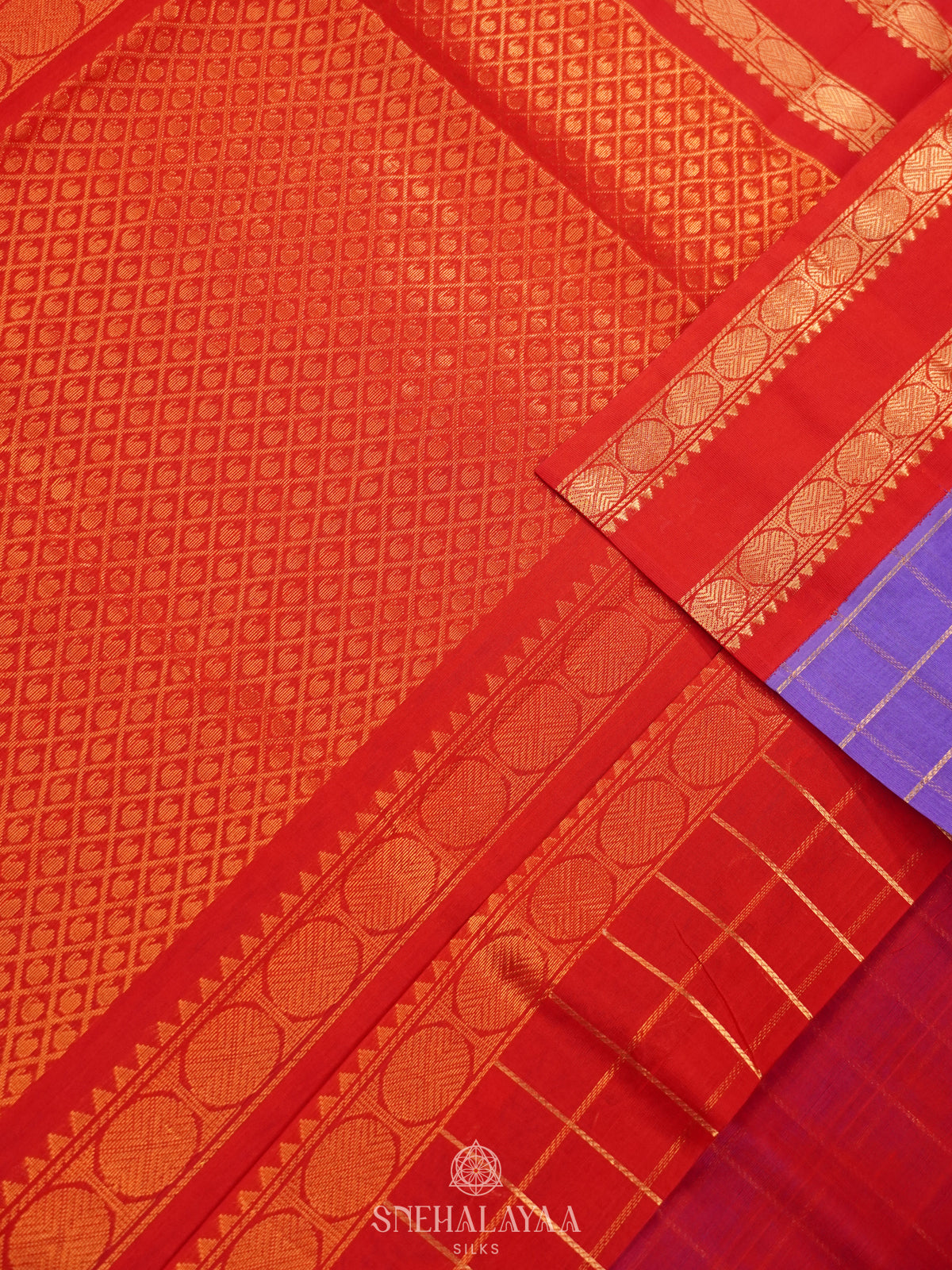 Violet Checked Silk Cotton Saree with Rettapet Zari Border