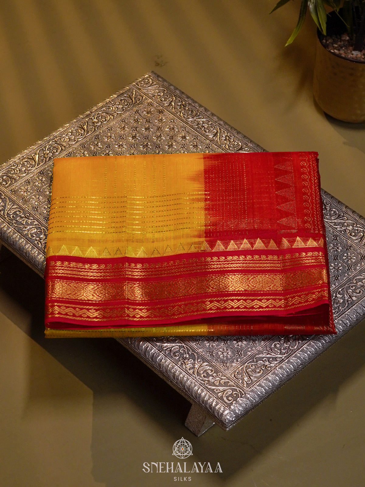 Mango Yellow Silk Cotton Saree with Zari Checks and Korvai Style Zari Border