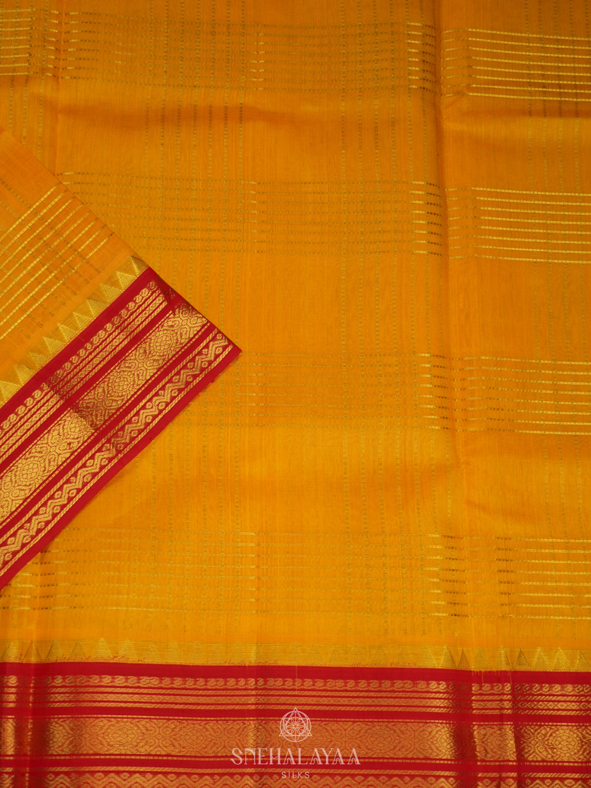 Mango Yellow Silk Cotton Saree with Zari Checks and Korvai Style Zari Border