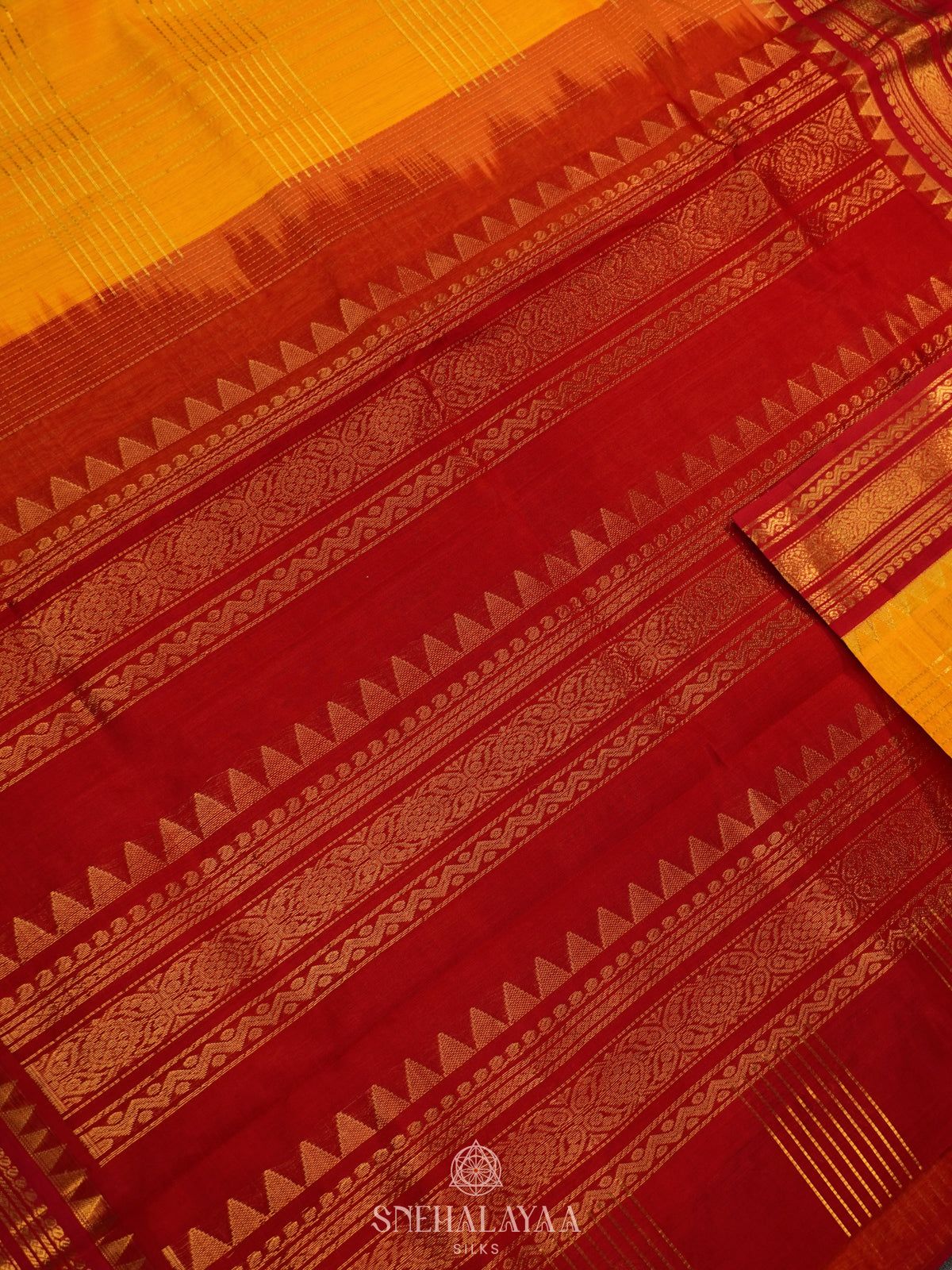 Mango Yellow Silk Cotton Saree with Zari Checks and Korvai Style Zari Border