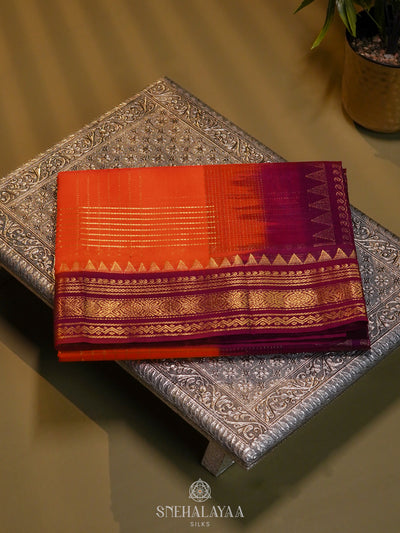 Orange Silk Cotton Saree with Zari Checks and Korvai Style Zari Border