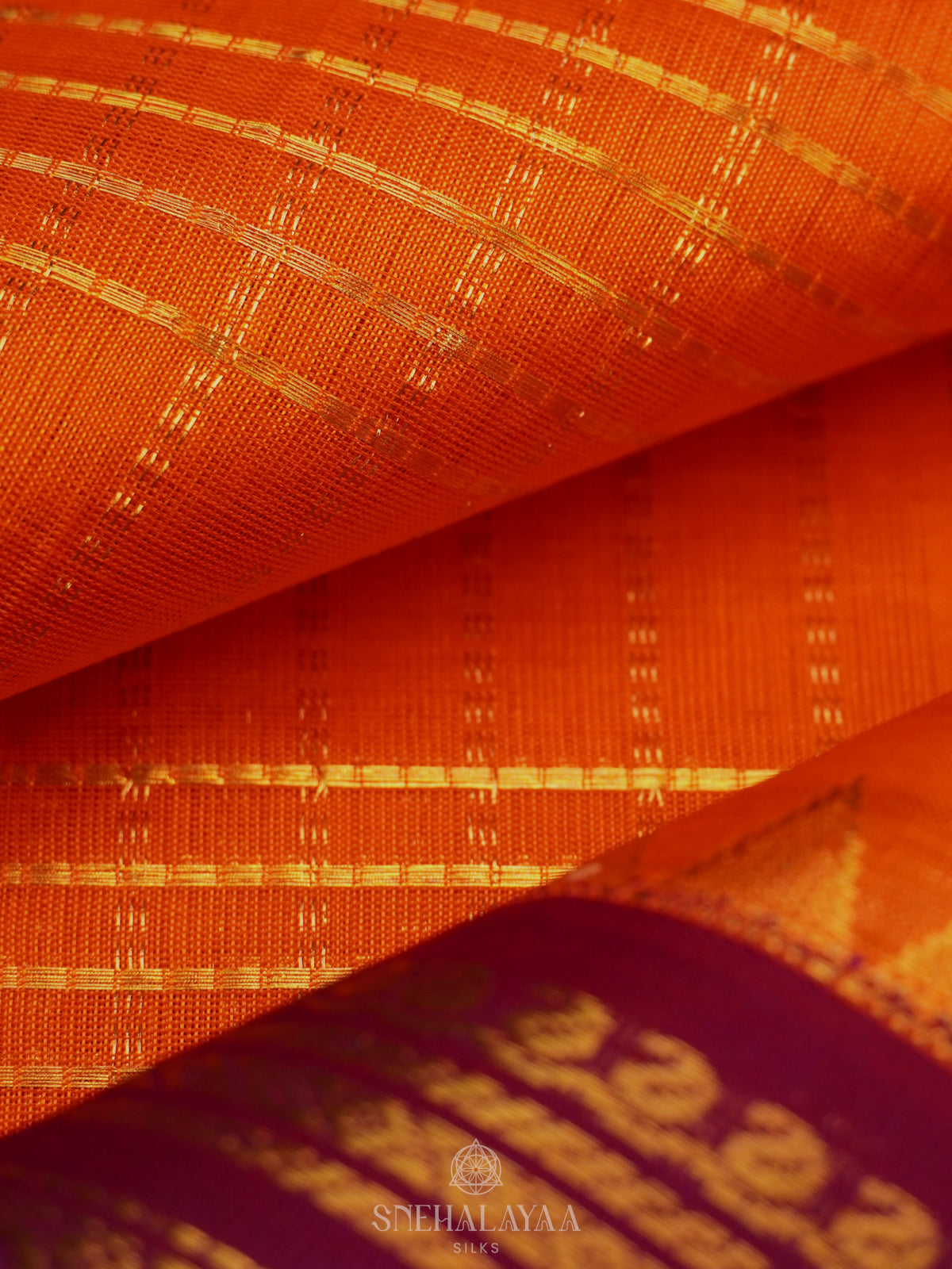 Orange Silk Cotton Saree with Zari Checks and Korvai Style Zari Border