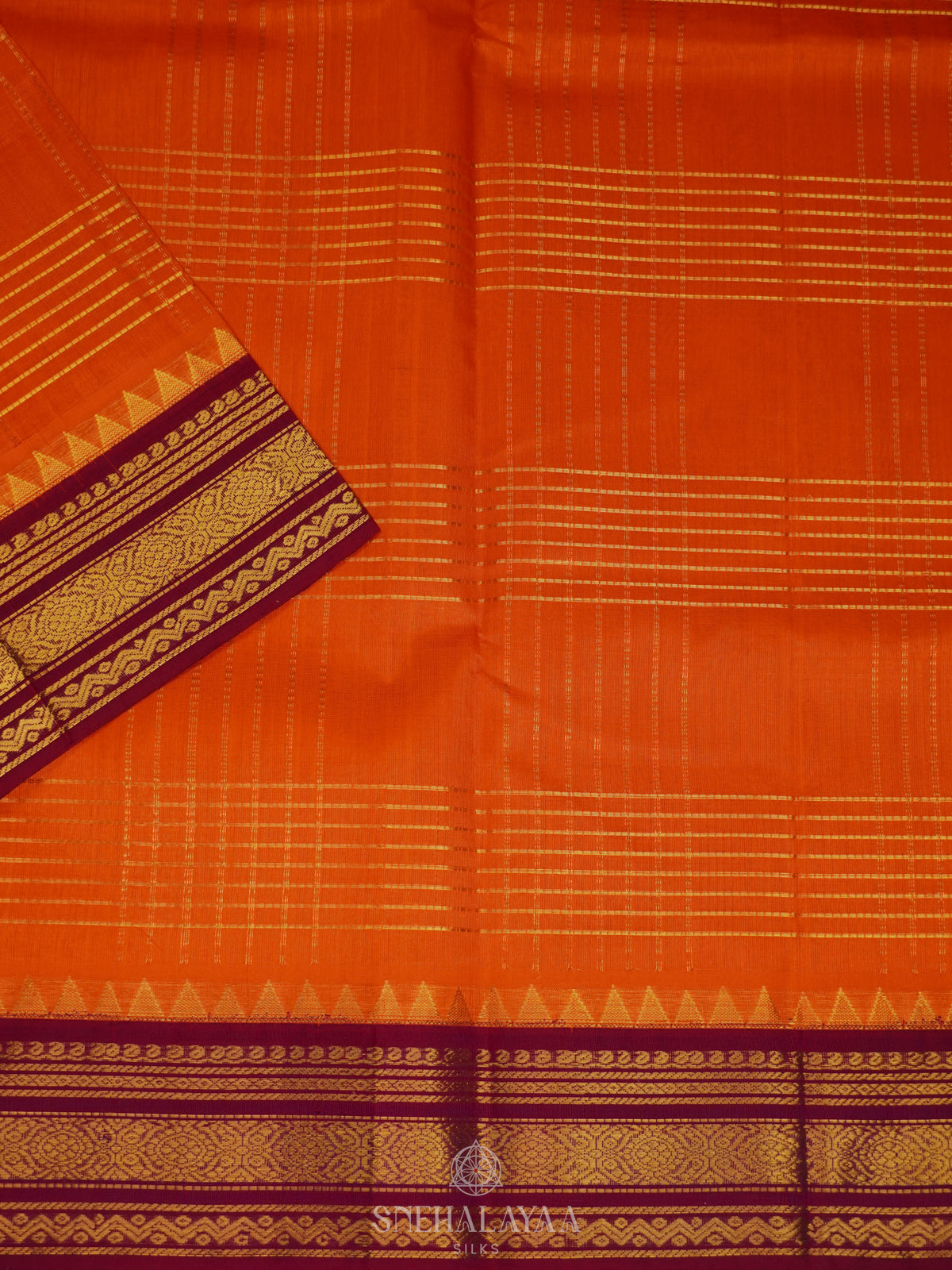 Orange Silk Cotton Saree with Zari Checks and Korvai Style Zari Border