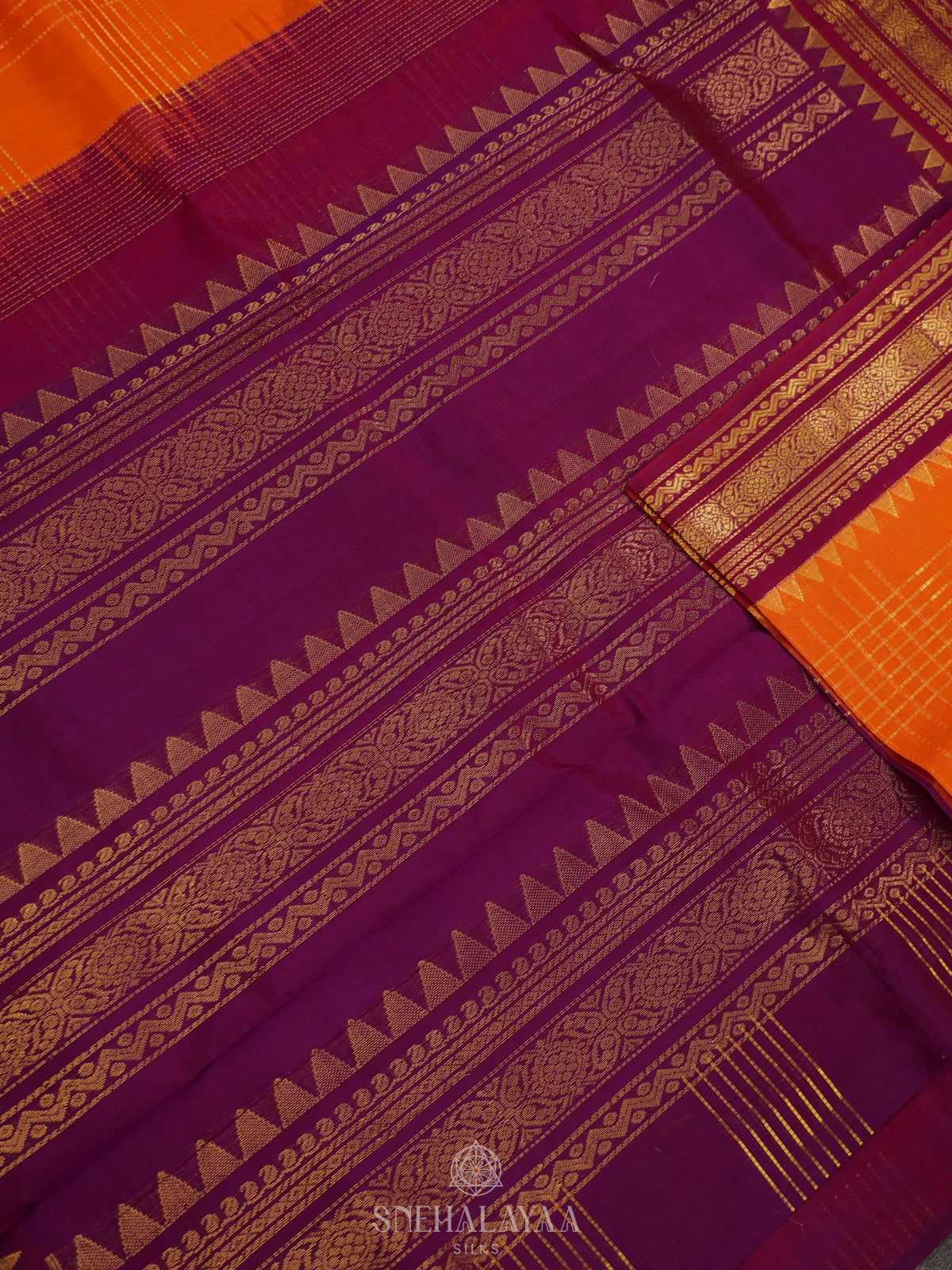 Orange Silk Cotton Saree with Zari Checks and Korvai Style Zari Border