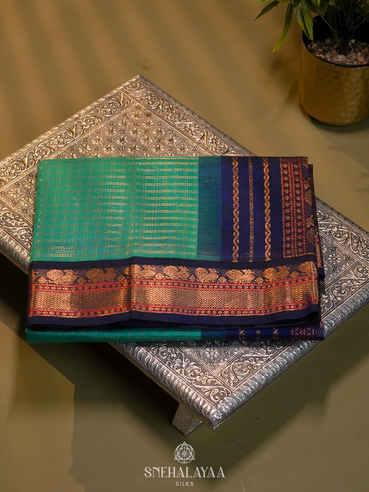 Teal Green Kanchi Silk Cotton Saree with Zari Checks