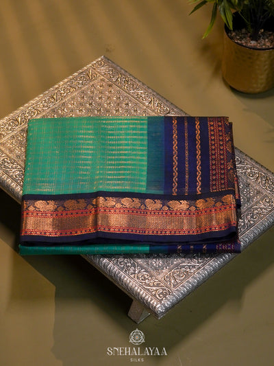 Teal Green Kanchi Silk Cotton Saree with Zari Checks