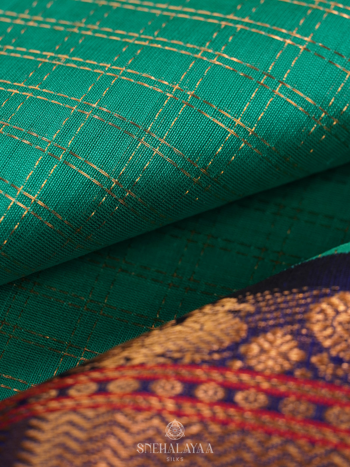 Teal Green Kanchi Silk Cotton Saree with Zari Checks