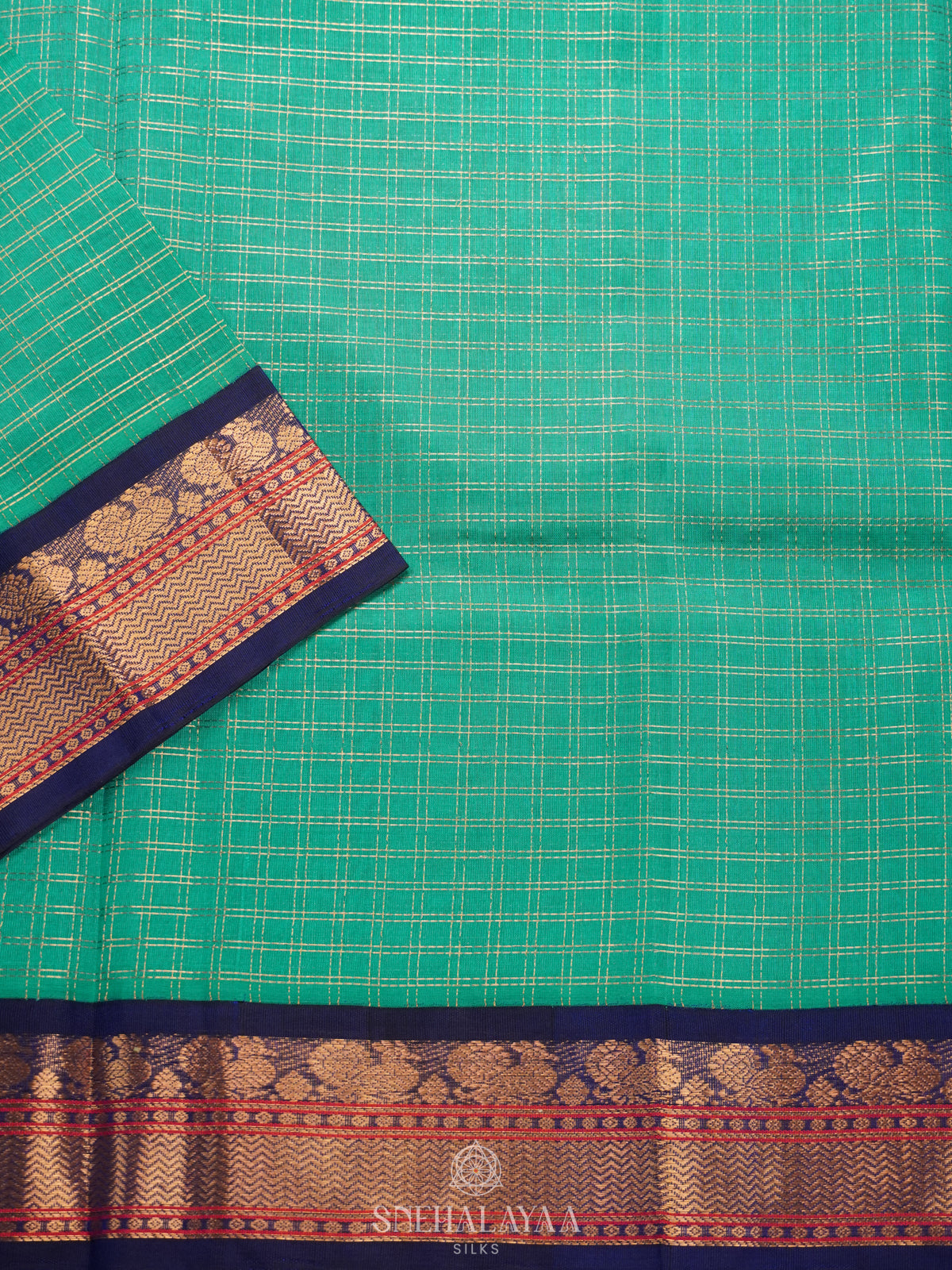 Teal Green Kanchi Silk Cotton Saree with Zari Checks