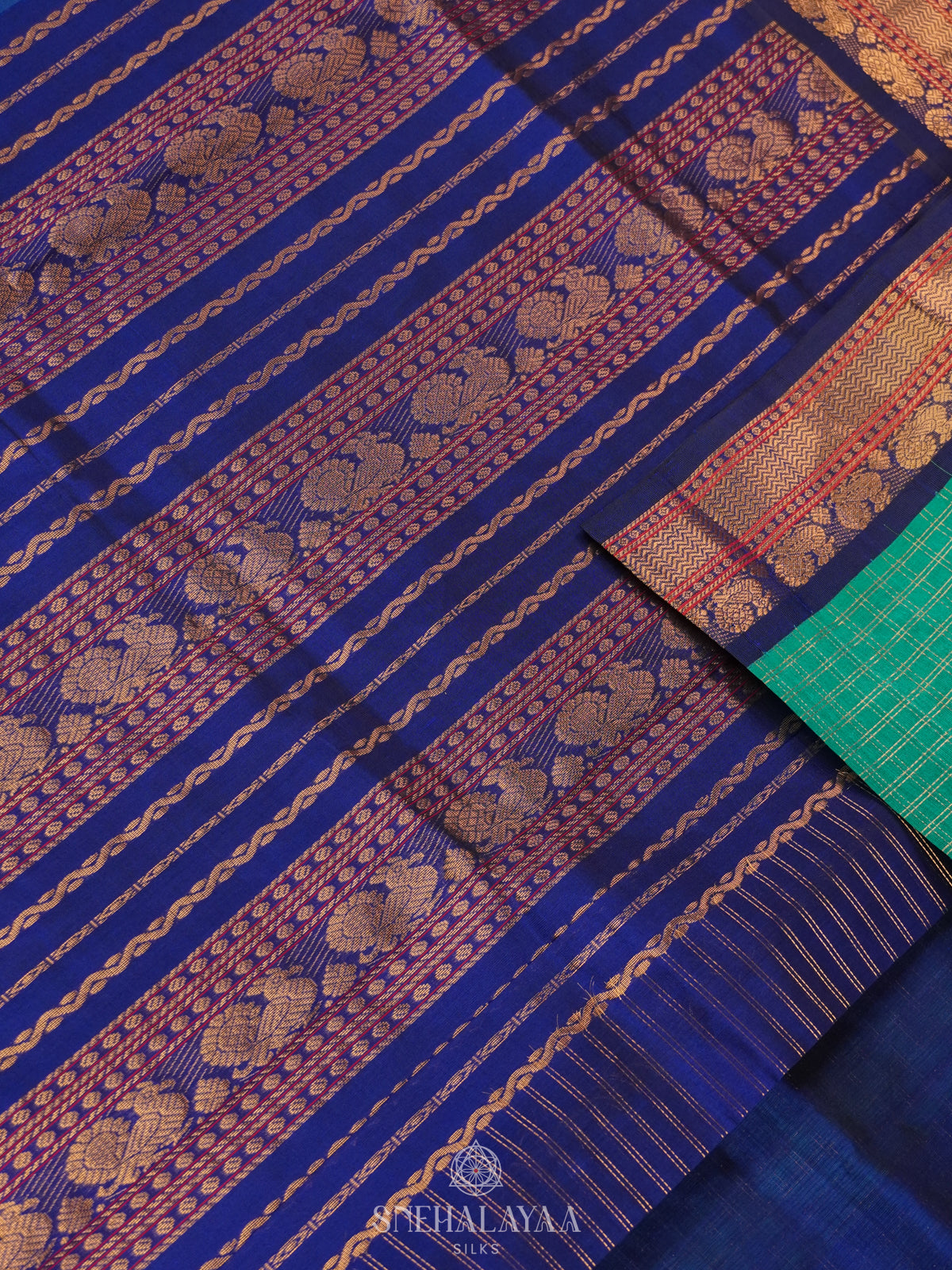 Teal Green Kanchi Silk Cotton Saree with Zari Checks