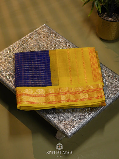 Navy Blue Kanchi Silk Cotton Saree with Zari Checks