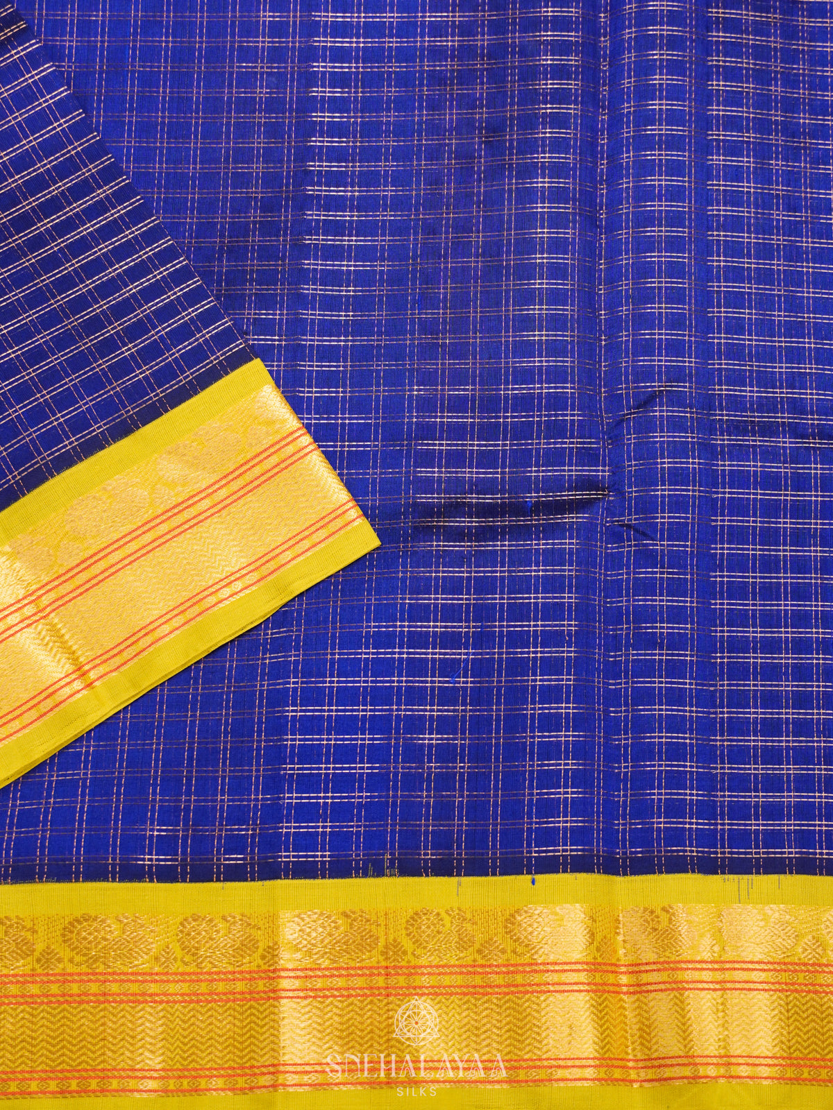 Navy Blue Kanchi Silk Cotton Saree with Zari Checks