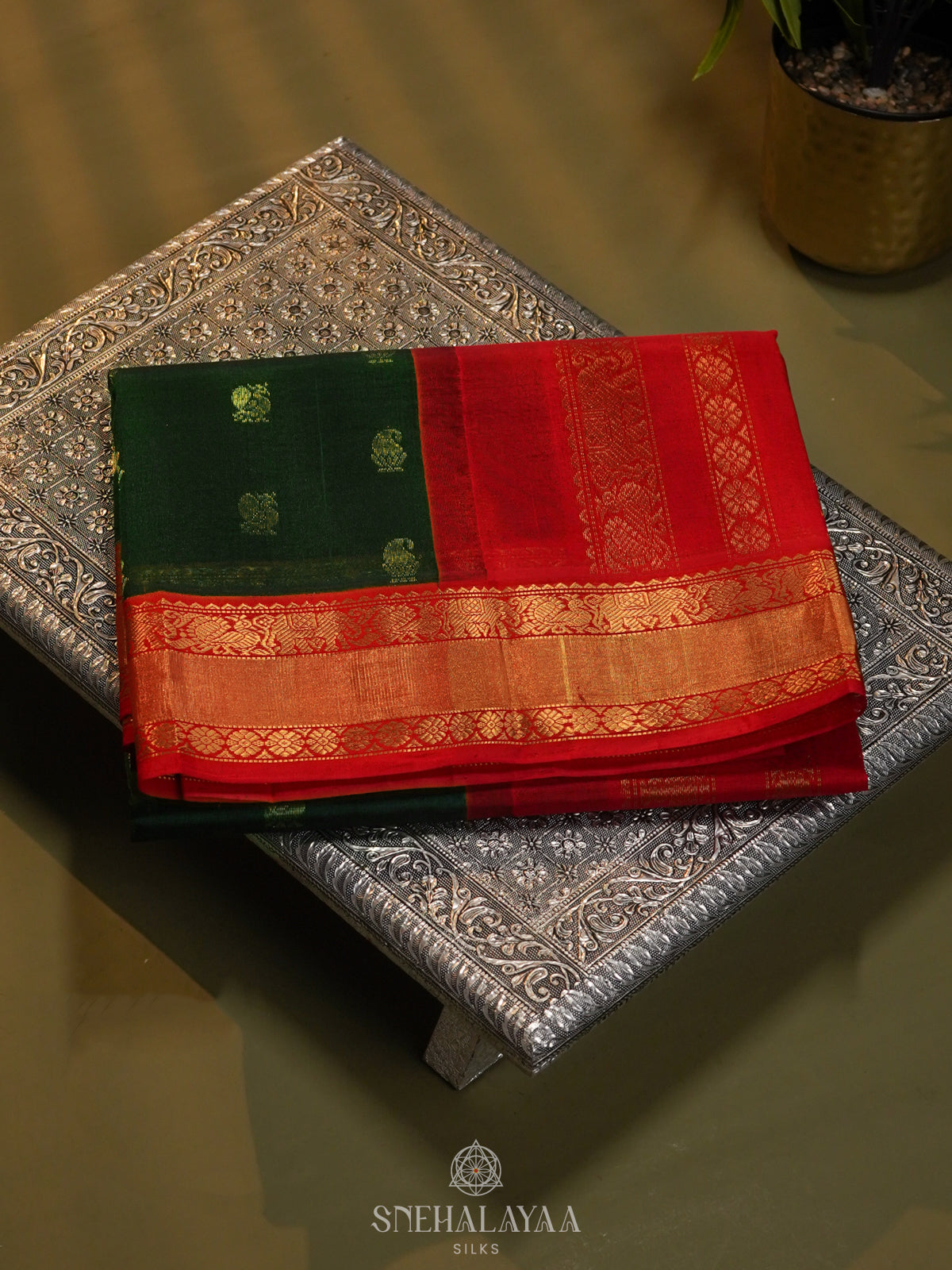 Forest Green Silk Cotton Saree with Zari Woven Buttas and Rich Golden Zari Border