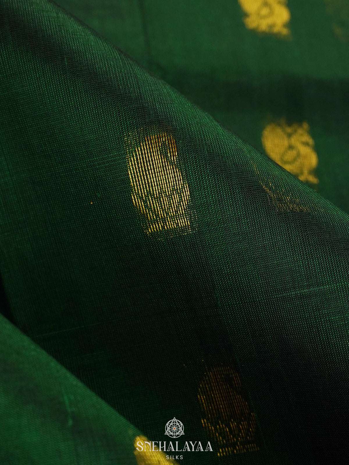 Forest Green Silk Cotton Saree with Zari Woven Buttas and Rich Golden Zari Border