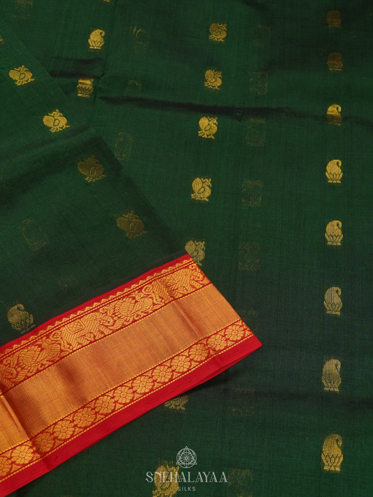 Forest Green Silk Cotton Saree with Zari Woven Buttas and Rich Golden Zari Border
