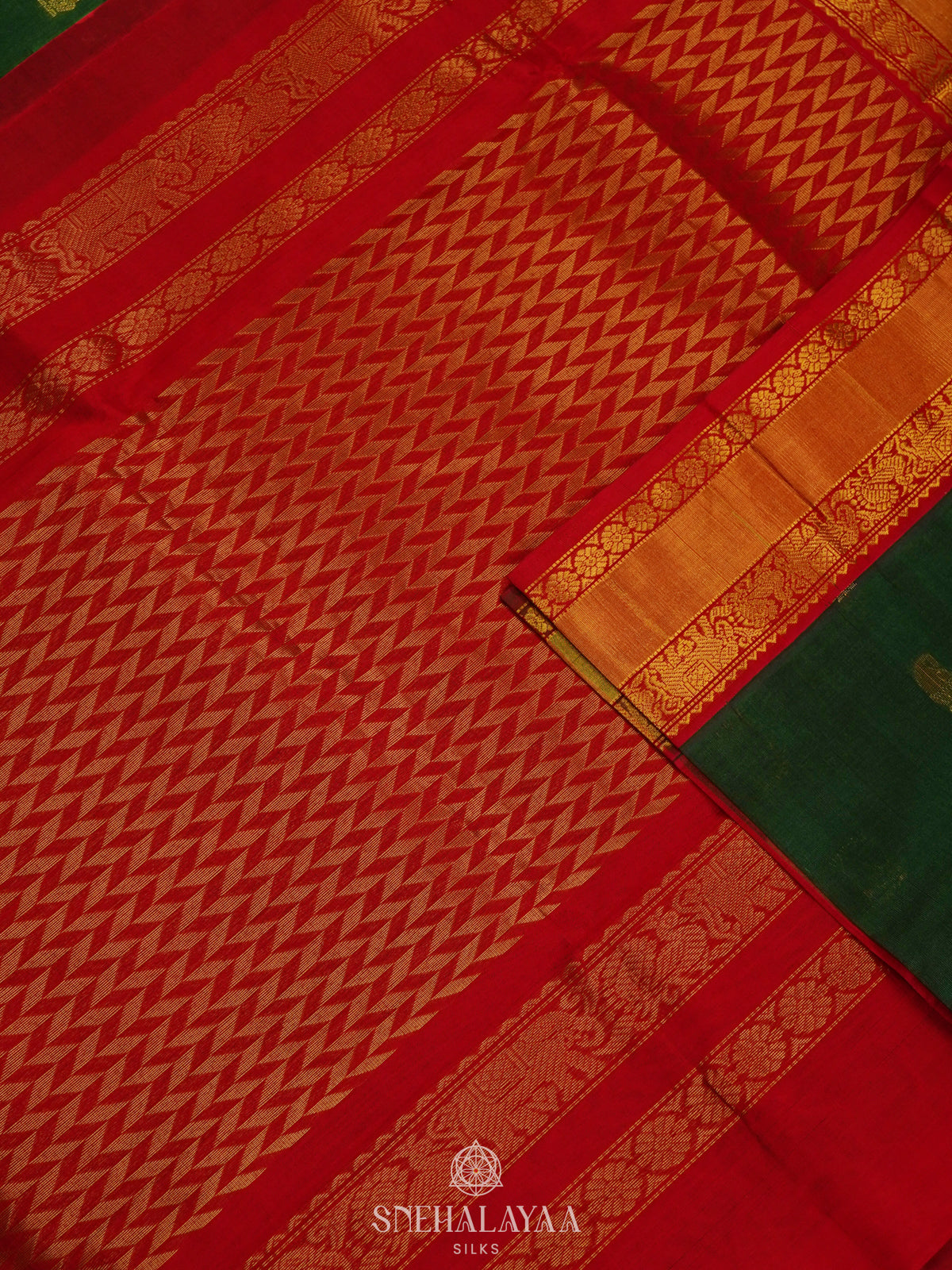 Forest Green Silk Cotton Saree with Zari Woven Buttas and Rich Golden Zari Border