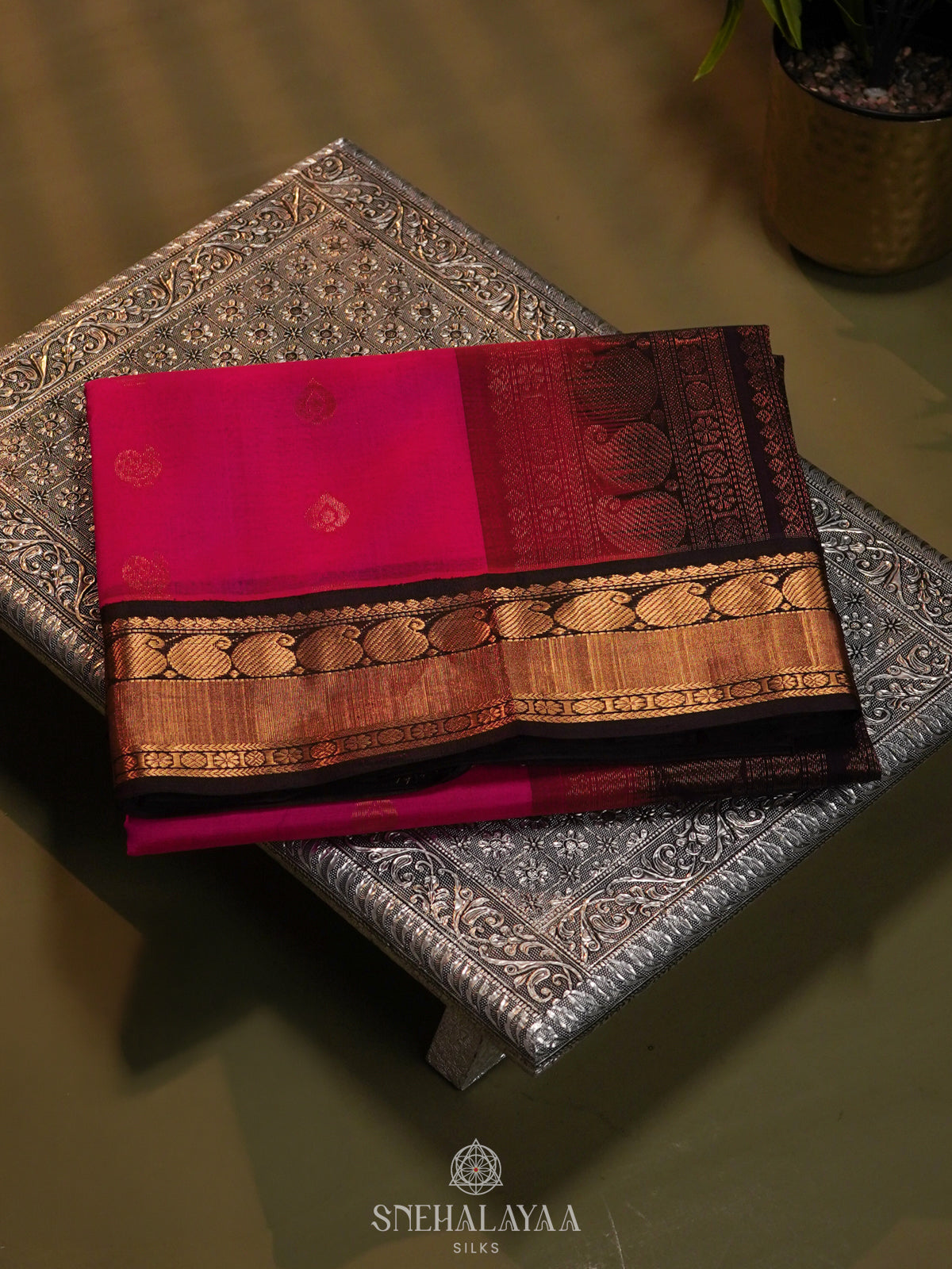 Pink Silk Cotton Saree with Zari Woven Buttas and Rich Golden Zari Border