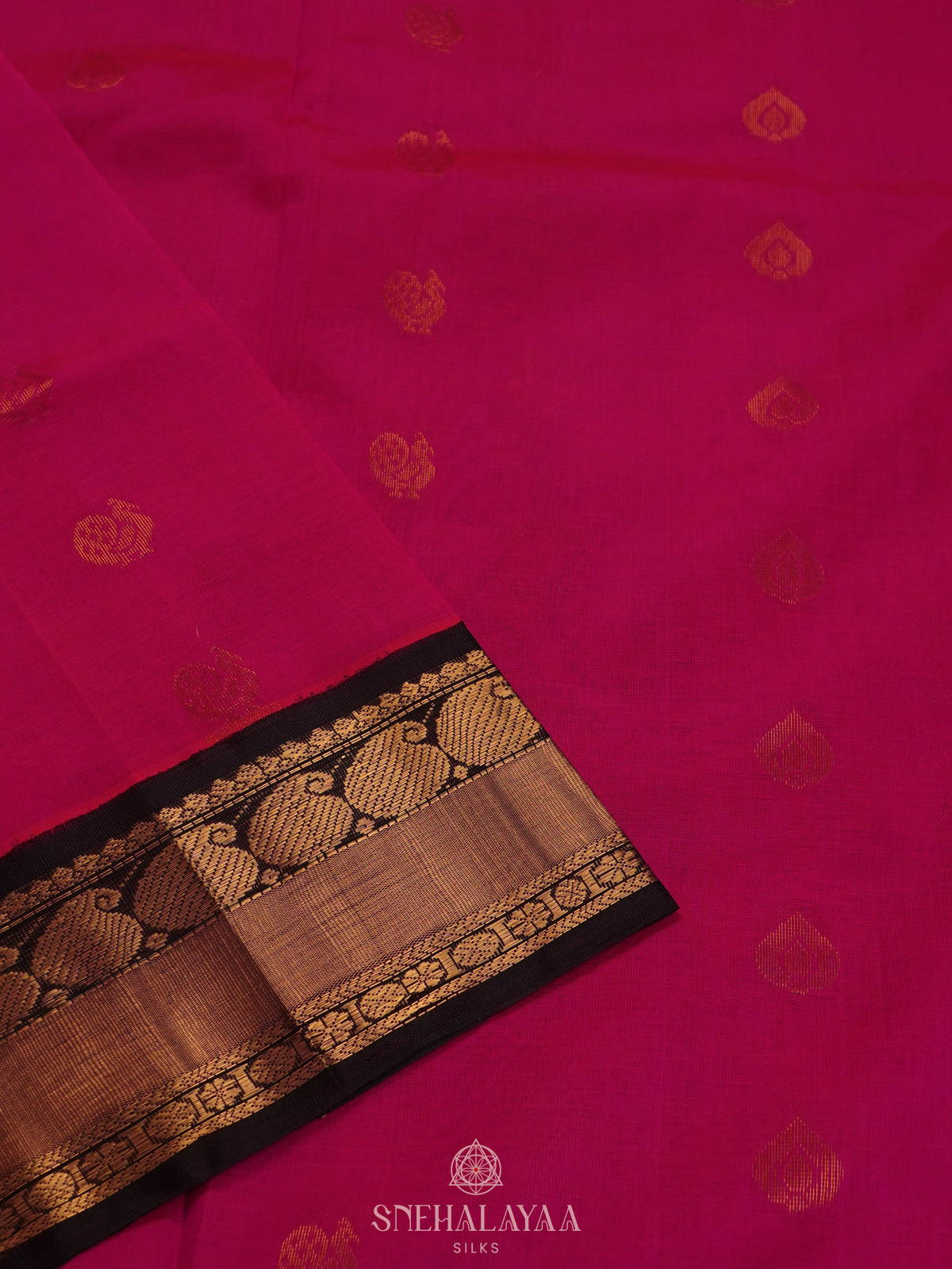 Pink Silk Cotton Saree with Zari Woven Buttas and Rich Golden Zari Border