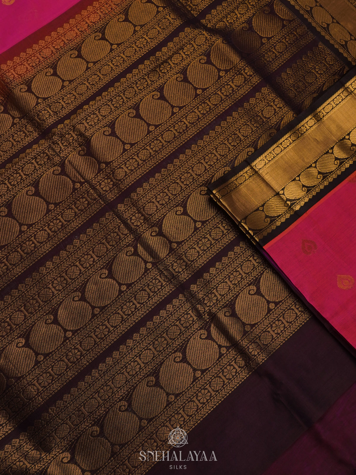 Pink Silk Cotton Saree with Zari Woven Buttas and Rich Golden Zari Border