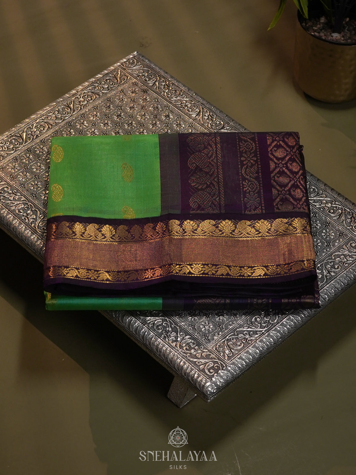Green Silk Cotton Saree with Zari Woven Buttas and Rich Golden Zari Border