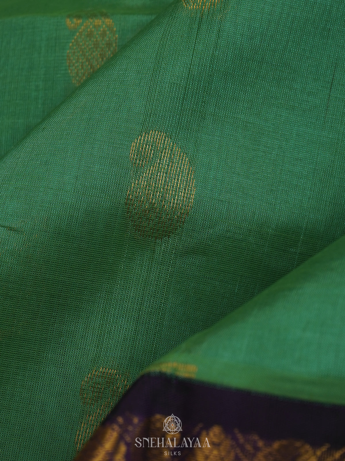 Green Silk Cotton Saree with Zari Woven Buttas and Rich Golden Zari Border