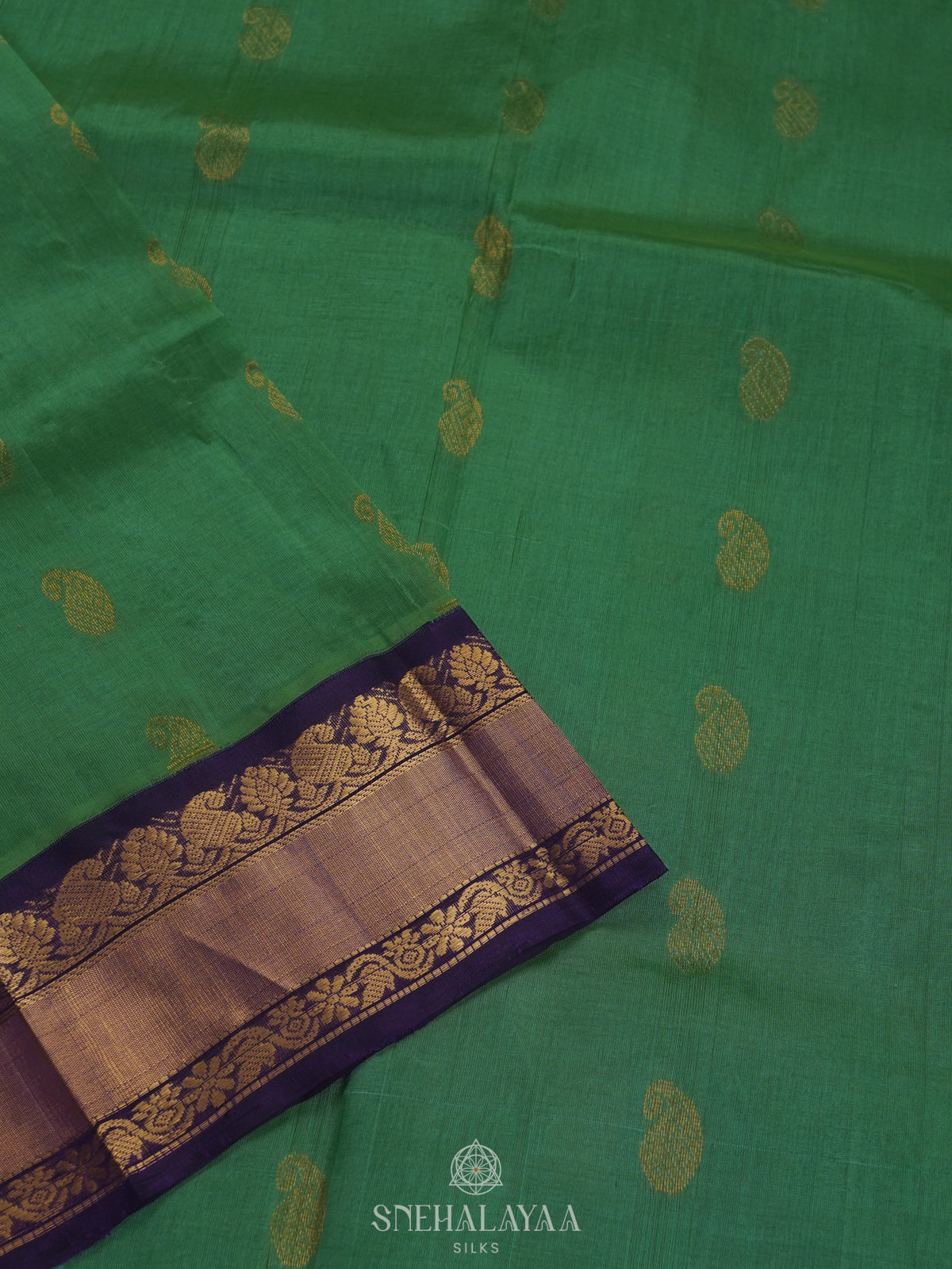 Green Silk Cotton Saree with Zari Woven Buttas and Rich Golden Zari Border