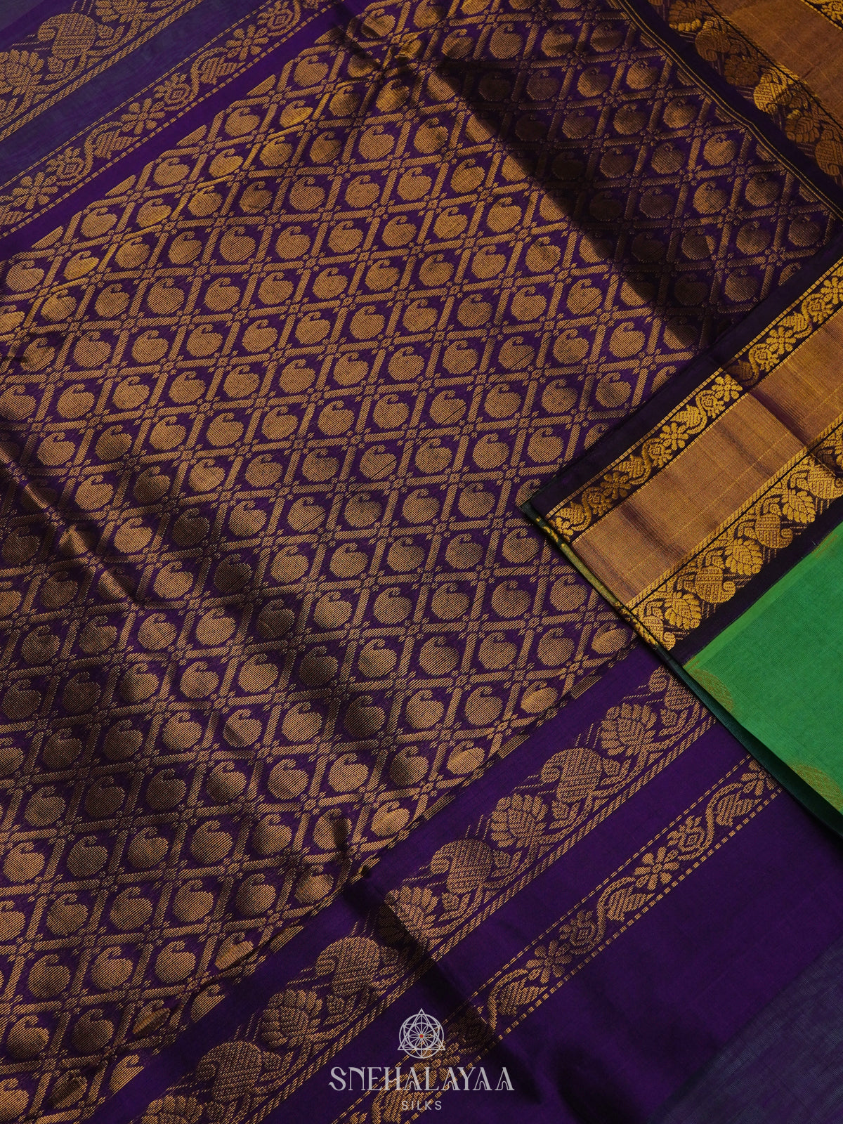 Green Silk Cotton Saree with Zari Woven Buttas and Rich Golden Zari Border