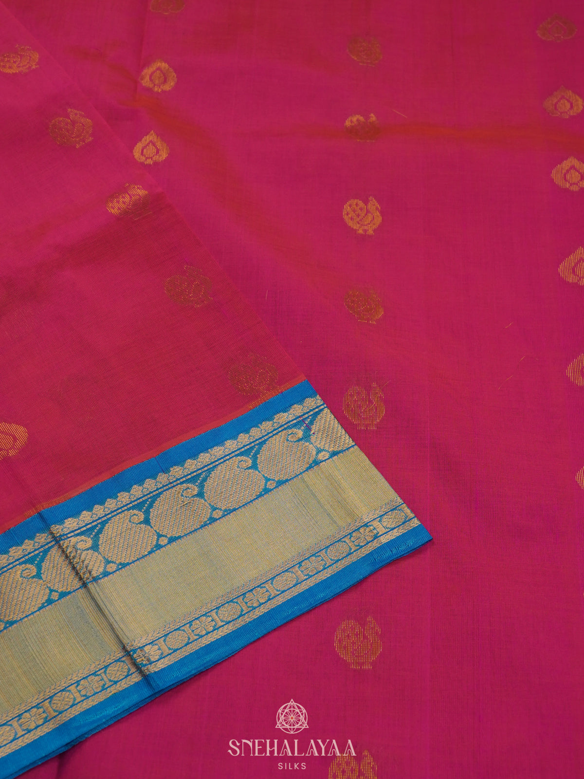 Pink Silk Cotton Saree with Zari Woven Buttas and Rich Golden Zari Border