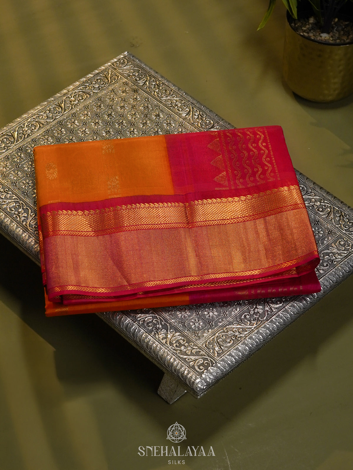 Orange Silk Cotton Saree with Zari Woven Buttas and Rich Golden Zari Border