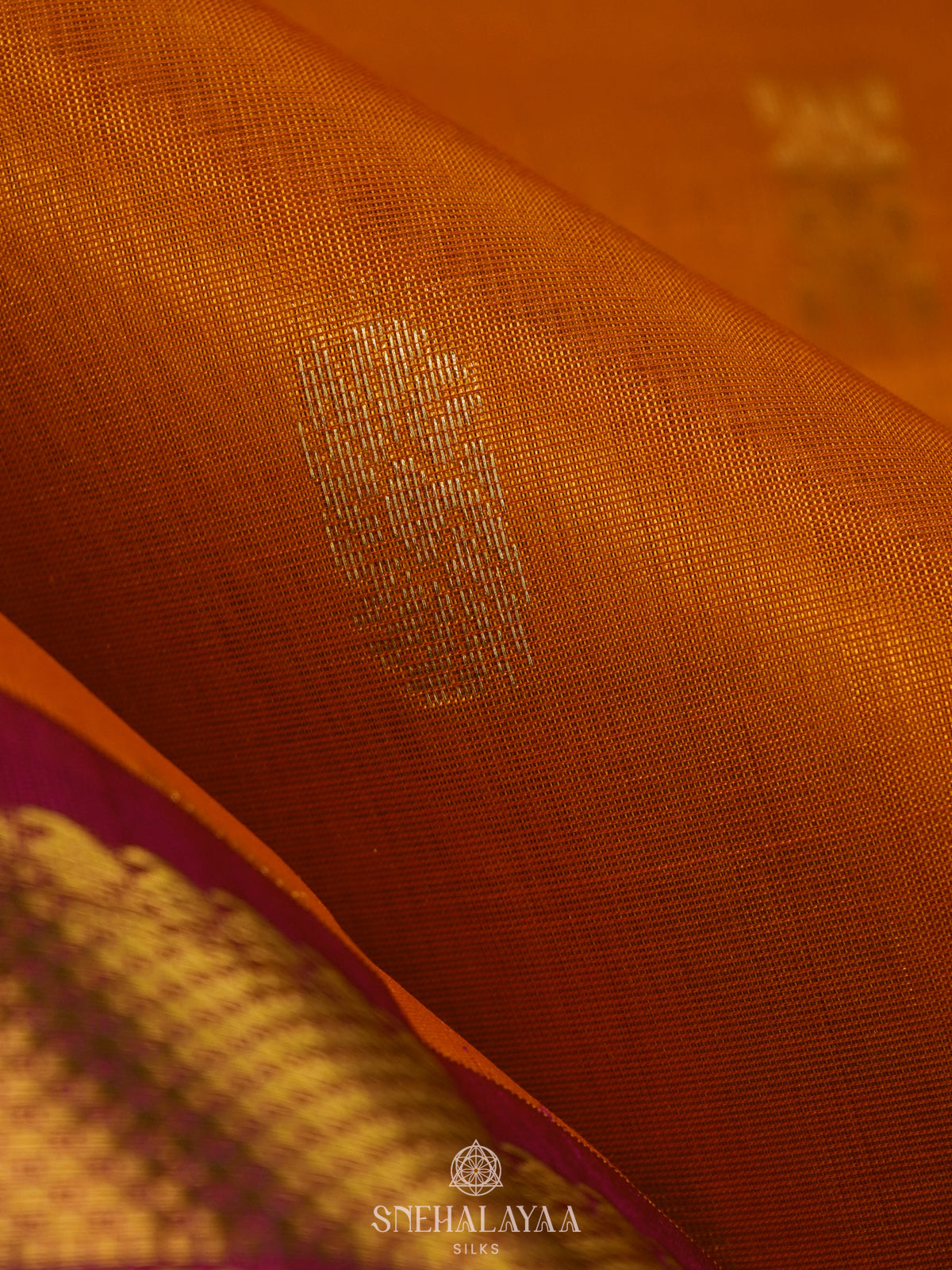 Orange Silk Cotton Saree with Zari Woven Buttas and Rich Golden Zari Border