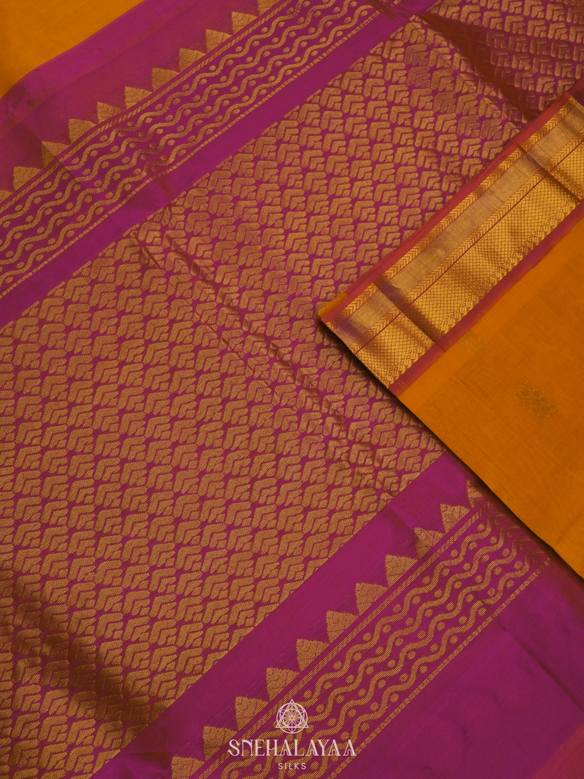 Orange Silk Cotton Saree with Zari Woven Buttas and Rich Golden Zari Border