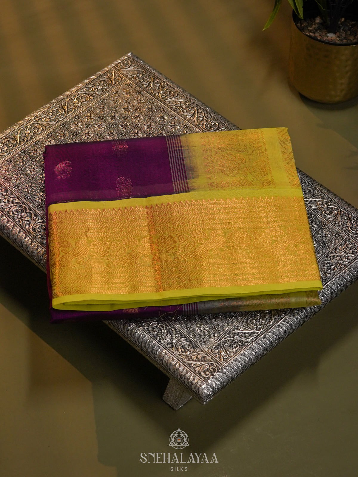 Purple Silk Cotton Saree with Zari Woven Buttas and Rich Golden Zari Border